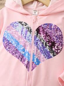 SHEIN Young Girl Heart Print Ruffle Hem Hooded Coat - Pink - View 4