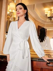Modelyn Lantern Sleeve Ruffle Hem Wrap Knot Side Appliques Detail Dress - White - View 3