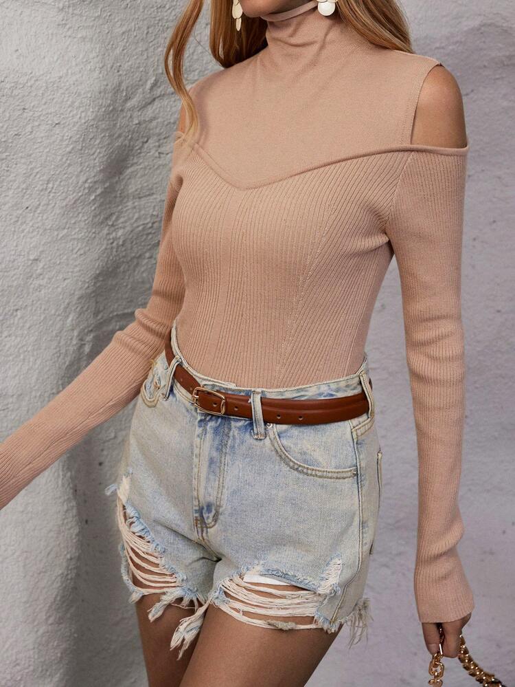 Cold Shoulder Ribbed Knit Pullover Fall Winter Sweater