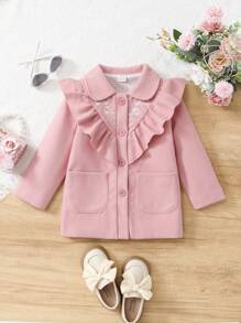 SHEIN 女孩荷葉邊口袋貼布荷葉邊前紐扣花呢外套 - 粉色 - 查看 1