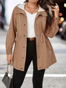 Calvaya 休閒口袋純色大碼外套 - 卡其色 - 查看 7