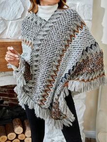 SHEIN LUNE 幾何圖案流蘇邊斗篷毛衣 - 灰色 - 查看 4