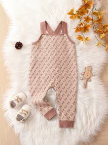 女嬰滿版圖案交叉套頭毛衣背帶連身褲 - 卡其色 - 查看 1