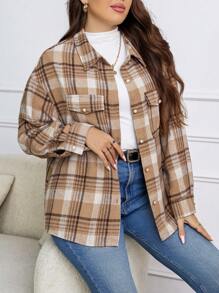 SHEIN Essnce 休閒格子大碼夾克 - 米色 - 查看 6