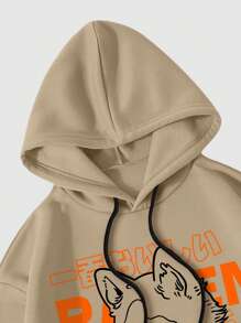 ROMWE MEN Anime Men Cartoon & Slogan Graphic Drawstring Thermal Lined Hoodie - Khaki - View 3