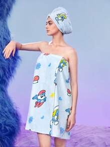 SHEIN X The Smurfs Blue Cartoon Graphic Bath Towels - Blue - View 1