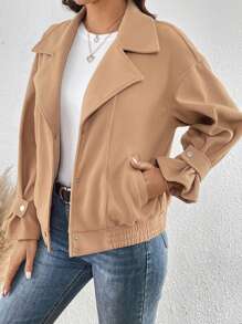 SHEIN LUNE Drop Shoulder Slant Pocket Button Front Overcoat - Camel - View 2