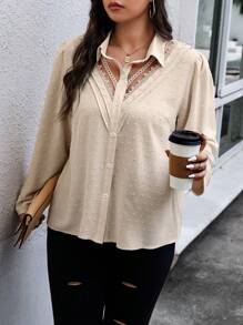 Calvaya Talla grande Camisa de lunares con encaje en contraste de manga farol - Albaricoque - Ver 3