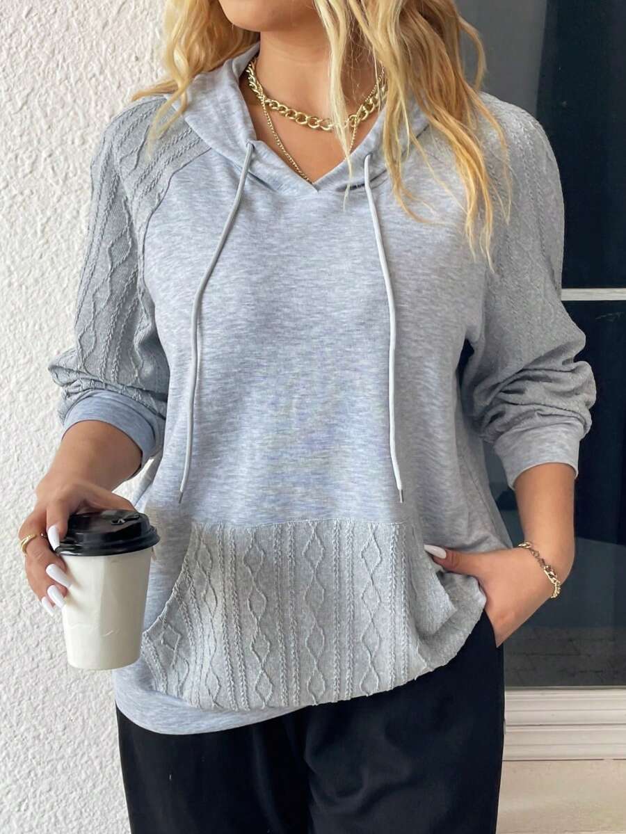 SHEIN LUNE Áo nỉ tay raglan có túi kangaroo cỡ lớn, dây rút. - Xám - Xem 1