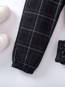 SHEIN 男孩格紋印花彈性腰帶長褲 - 黑與白 - 查看 4
