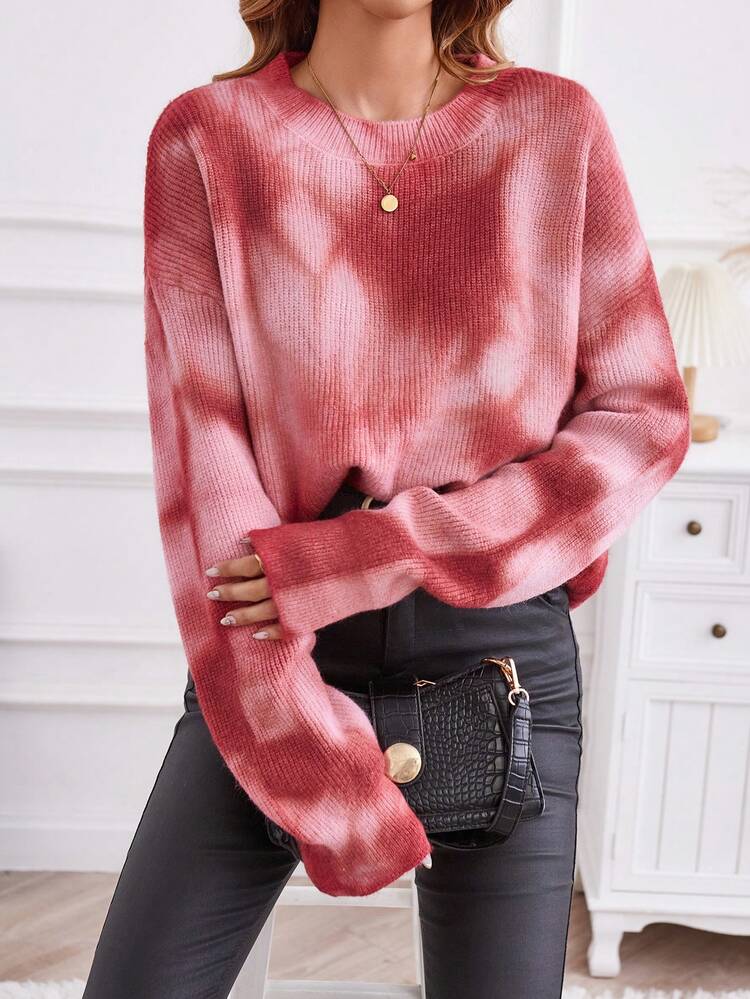 Tie Dye Drop Shoulder Knit Pullover Fall Winter Sweater