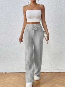 SHEIN Frenchy Tie Waist Ribbed Knit Pants Winter Chic Casual Spring - Grey - View 3