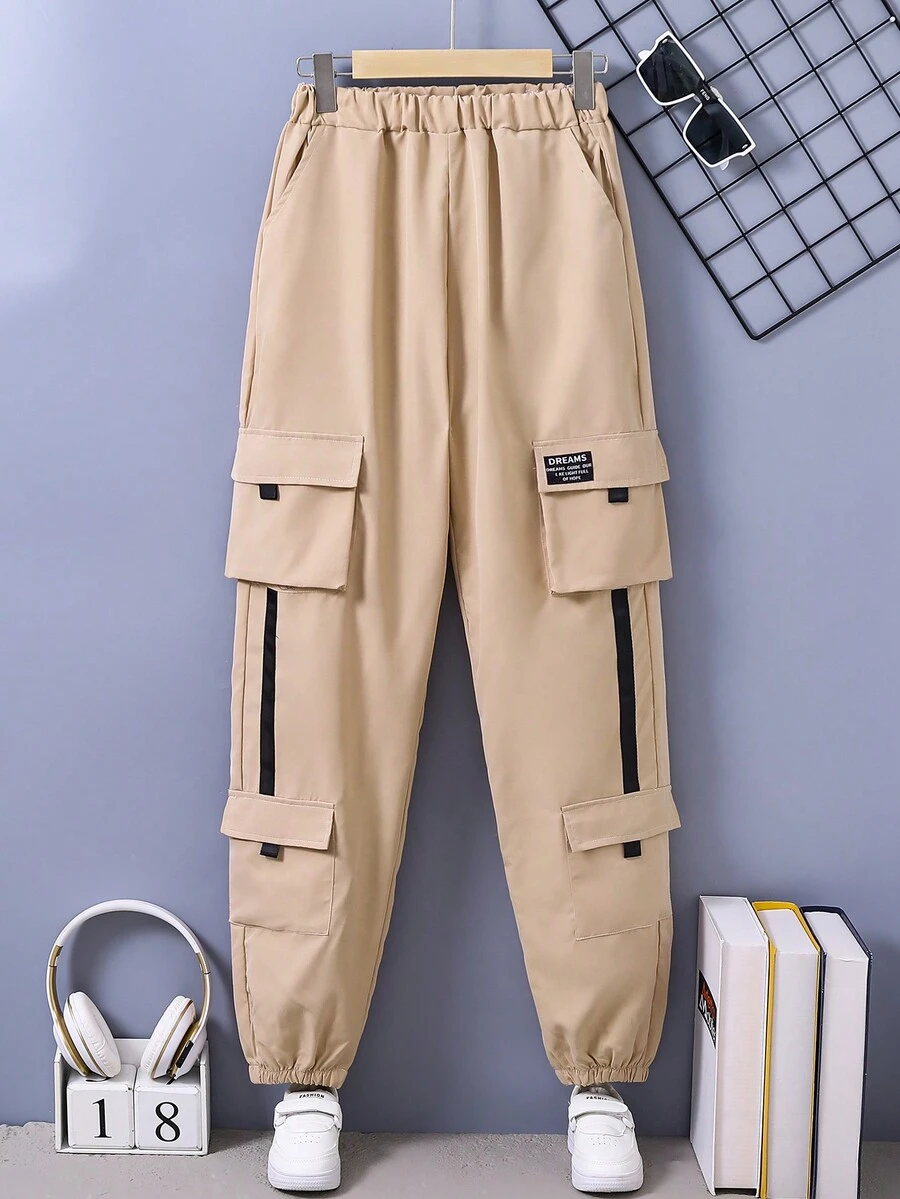 Teen Girl Letter Patched Detail Flap Pocket Side Cargo Pants - Khaki - View 1