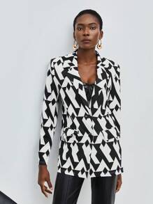 Maija Allover Print Lapel Neck Blazer - Black and White - View 3