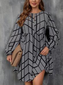 SHEIN LUNE Plus Allover Print Lantern Sleeve Dress - Black and White - View 1