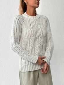 EURMUSE Jersey tejido de cable de manga raglán - Blanco - Ver 4