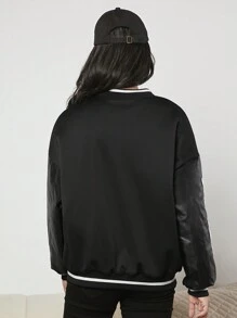 Teen Girl Letter Patched Drop Shoulder Varsity Jacket - Black - View 2