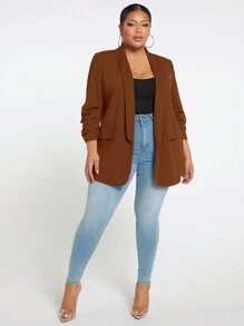 SHEIN SXY 大碼青果領開門襟外套 - 棕色 - 查看 5