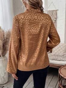SHEIN LUNE Leopard Jacquard Lantern Sleeve Notched Neck Blouse - Brown - View 2