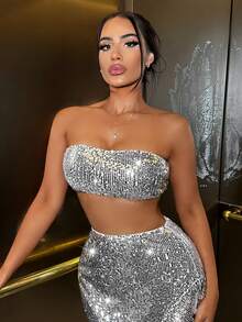 SHEIN SXY New Year Sequin Crop Tube Top - Silver - View 3