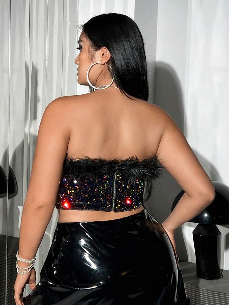 Plus Fuzzy Trim Sequin Tube Top