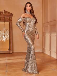 Faeriesty 优雅露肩礼服：闪亮缀饰美人鱼长袖礼服，修身剪裁，曳地裙摆——完美适用于婚礼仪式、新娘写真、正式晚宴、浪漫周年庆典、红毯活动等场合。 - 香檳色 - 查看 4