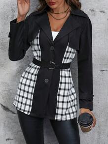 SHEIN LUNE Gabardina con estampado de cuadros con cinturón - Blanco y Negro - Ver 6