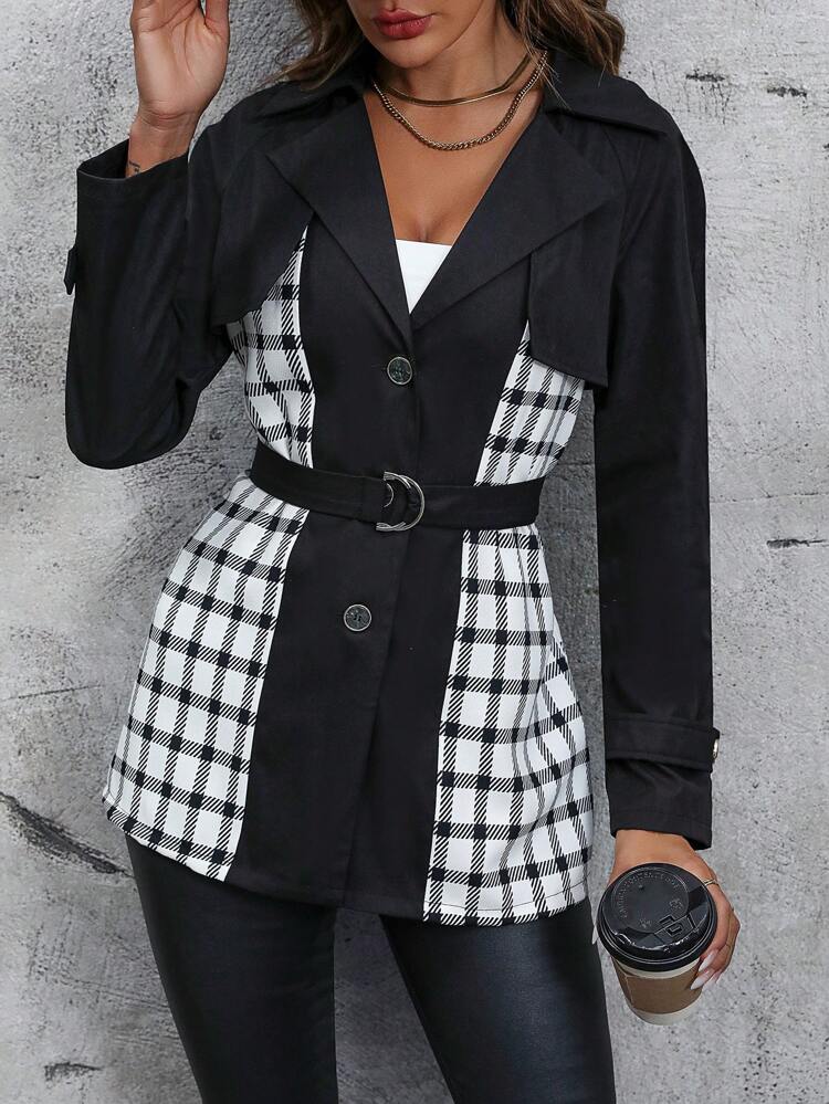 Plaid Print Belted Trench Coat