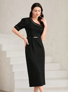 Modelyn Asymmetrical Neck Puff Sleeve Dress Without Belt - Black - View 4