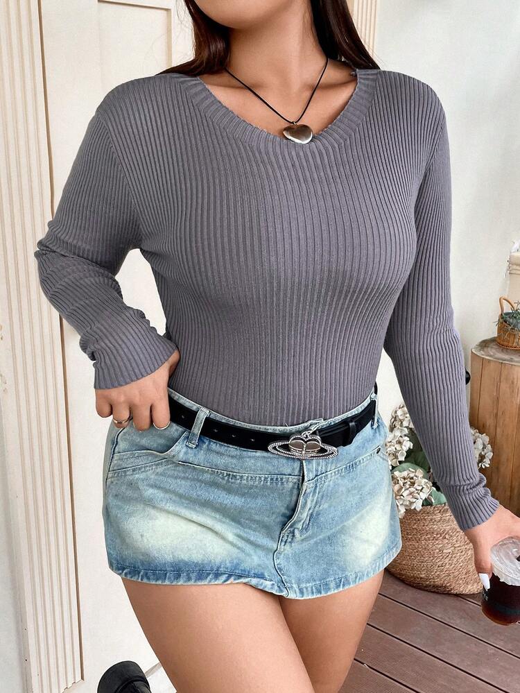 Plus Solid Ribbed Knit Sweater Knit Pullover Fall Winter Sweater