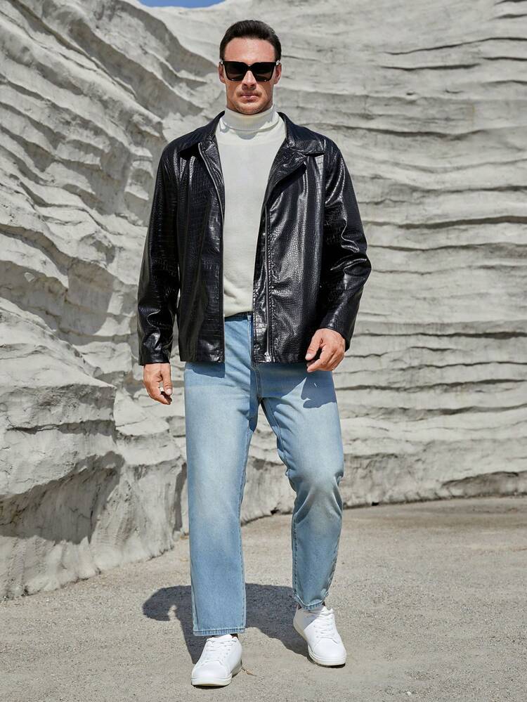 Men Plus Crocodile PU Leather Jacket, For Fall Winter