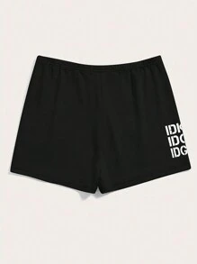 INAWLY Plus Letter Graphic Biker Shorts Booty Shorts - Black - View 4