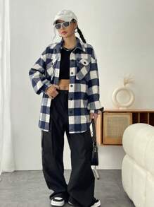 SHEIN Unity Women Overcoats Kantong Tombol Depan Kain genggang Plaid Casual - Blue and White - View 3