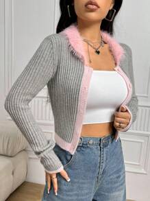 SHEIN Qutie 羊絨領口前紐扣短款開衫 - 灰色 - 查看 6