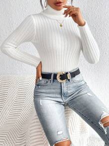 SHEIN Frenchy Turtleneck Ribbed Knit Sweater,Long Sleeve Tops Autumn Winter Clothes For Women Casual - White - View 5