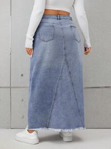 SHEIN EZwear Plus Jupe En Jean Taille Haute Ourlet Effiloché - Bleu azur - Voir 2