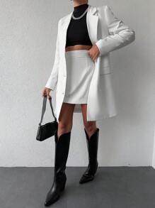 EURMUSE 1pc Lapel Neck Double Breasted Blazer & 1pc Skirt - White - View 3