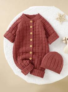 Baby Girl Raglan Sleeve Button Front Sweater Jumpsuit & Hat - Redwood - View 1
