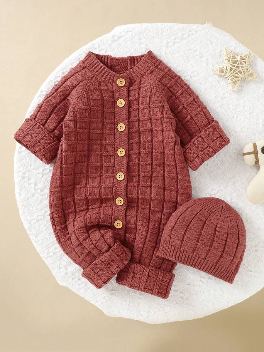 Baby Girl Raglan Sleeve Button Front Sweater Jumpsuit & Hat - Redwood - View 1