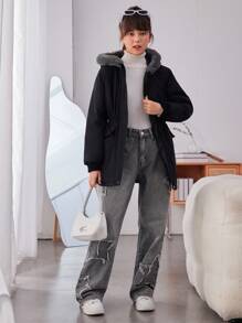 少女拉链毛绒装饰连帽棉服外套 - 黑色 - 查看 5