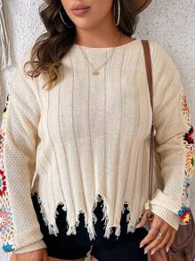 SHEIN VCAY Plus Floral Pattern Drop Shoulder Distressed Sweater - Multicolor - View 1