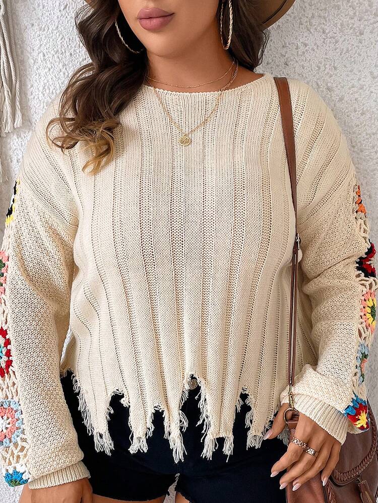 Plus Floral Pattern Drop Shoulder Distressed Sweater