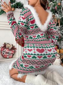 Allurite 大碼心和幾何印花毛茸邊露背緊身洋裝 - 彩色 - 查看 3