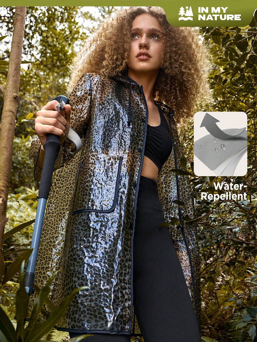 In My Nature Leopard Print Pocket Patched Raincoat - Black - View 1