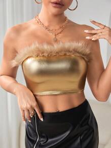 SHEIN PETITE Fuzzy Trim Crop Tube Top - Gold - View 5