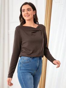 SHEIN LUNE Solid Cowl Neck Tee - Coffee Brown - View 8
