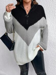 EMERY ROSE Plus Size Women Colorblock Knit Stand Collar Long Sleeve Casual Pullover Sweater, Minimalist Style For Autumn/Winter Knit Pullover Fall Sweater - Multicolor - View 4