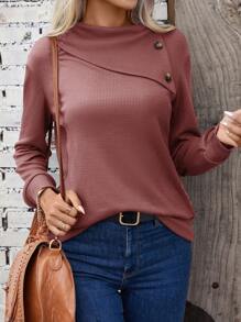 SHEIN LUNE Solid Button Detail Asymmetrical Neck Drop Shoulder Sweatshirt - Rusty Rose - View 5