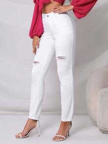 SHEIN Privé High Waist Ripped Skinny Jeans - White - View 4