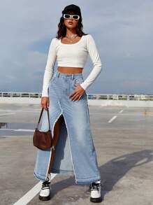 SHEIN EZwear Cao eo Xén Thô Tách đùi Váy Denim - Rửa nhẹ - Xem 4